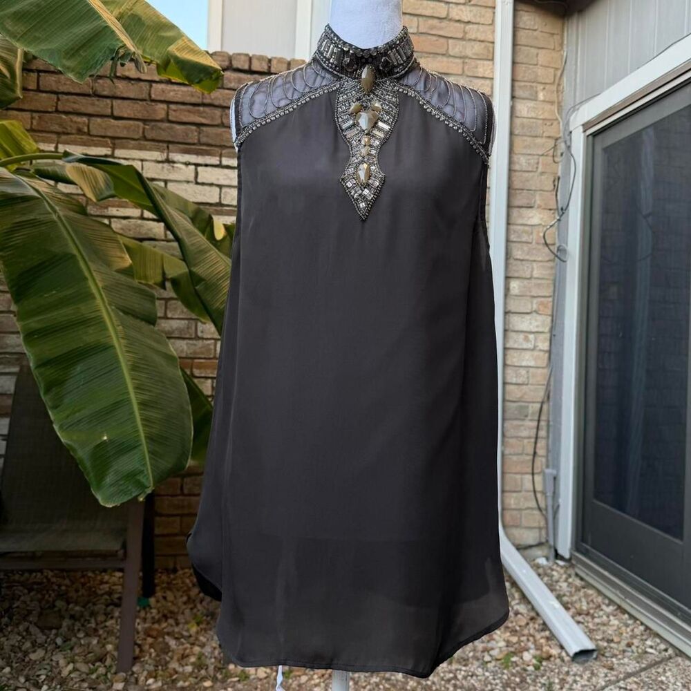 Vintage 90s Haute Hippie 100% Silk Embellished Black Tunic Size Lrg Keyhole Back